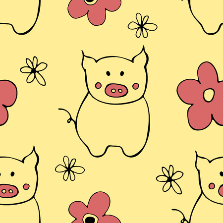 Seamless pattern with pigs and flowers. The symbol of New 2019 Year.のイラスト素材