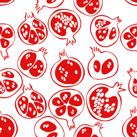 Seamless pattern with red outline art of pomegranate. Fruit vegetarian background.のイラスト素材