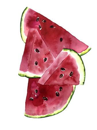 Summer bright watercolor postcard with pieces of watermelon. Illustration of watermelon can be used for t-shirt, printing, poster, etc.の写真素材