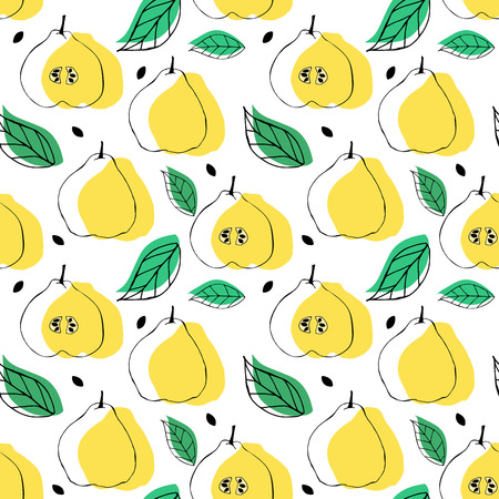 Seamless pattern with apple quince ande leaves. Tropical bright background.のイラスト素材