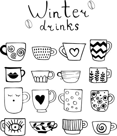 Collection of drawn cups of tea and coffee. Winter drinks. Art can be used for a restaurant menu, coffee shop and cafe. Black linear illustration of silhouette of cans.のイラスト素材