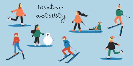 People involved in winter sports: skiing man and woman; woman with a child in a sleigh; skating people; woman making snowman. Christmas illustration.のイラスト素材