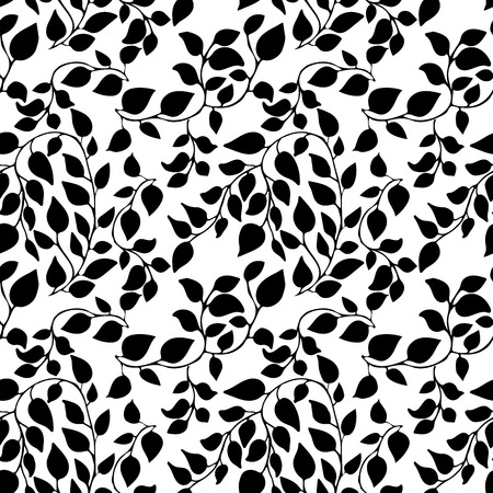 Seamless pattern with branches with leaves. Hand drawn vector black and white linear art. Floral botanic background with ornate.のイラスト素材