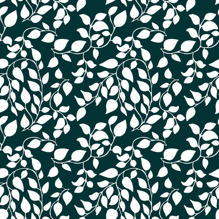 Seamless pattern with petal and leaves. Hand drawn vector  art. Floral botanic background with ornate. White leaves on green background.のイラスト素材