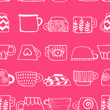 Seamless pattern with drawn cups of tea and coffee. Winter drinks. Art can be used for a restaurant menu, coffee shop and cafe. White linear silhouettes of cans on pink background.のイラスト素材