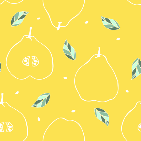 Seamless pattern with outline quince, leaf and seed. Tropical fruit background.のイラスト素材
