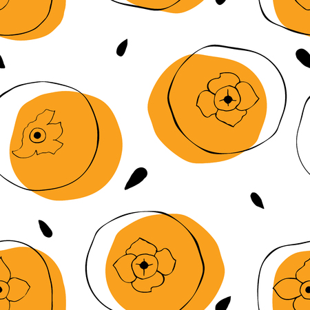 Seamless pattern of persimmon with seeds. Bright background of tropical fruits.のイラスト素材