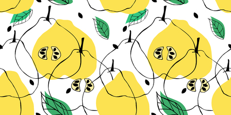 Seamless pattern with outline drawing of apple quince. Backdrop with fruits, leaves and seeds. Tropical background with silhouette of pear.のイラスト素材