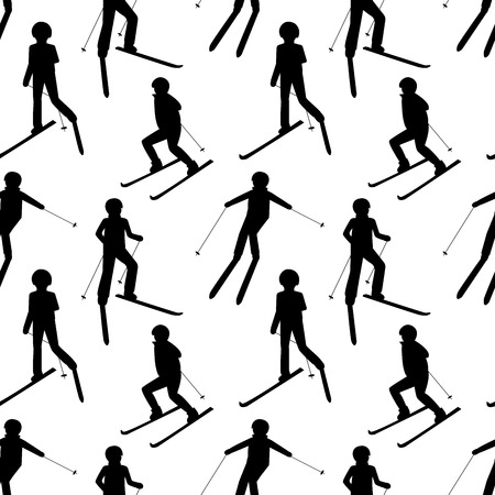 Seamless pattern with black silhouettes of skiing people: man; woman; child. Winter sport games. Christmas illustration.のイラスト素材