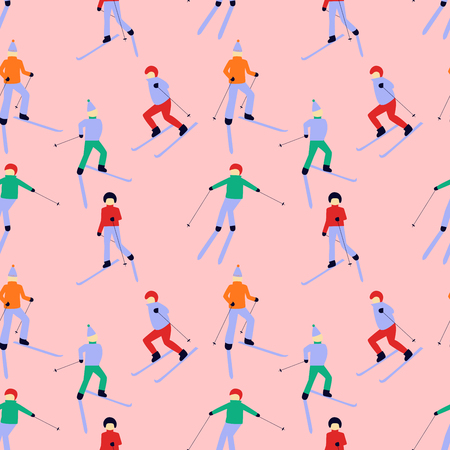 Seamless pattern with skiing people. Winter sport games. Art can be used for Christmas and holiday packing, postcard, backgrounds.のイラスト素材