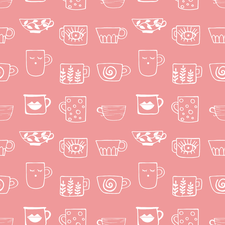 Seamless pattern with drawn cups of tea and coffee. Winter drinks. Art can be used for a restaurant menu, coffee shop and cafe. White linear silhouettes of cans on pink background.のイラスト素材