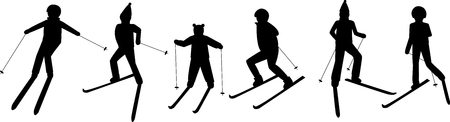 Black silhouettes of skiing people: man; woman; child. Winter sport games. Christmas illustration.のイラスト素材