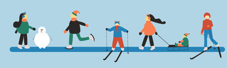 People involved in winter sports: skiing child and woman; woman with a child in a sleigh; skating man; woman making snowman. Christmas illustration. Family vacation.のイラスト素材