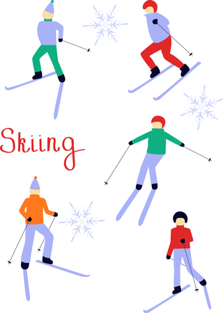 Drawing of skiing people. Christmas illustration. Winter sports.のイラスト素材