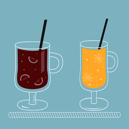 Vector set of mulled wine with spices. Winter warm drinks.のイラスト素材