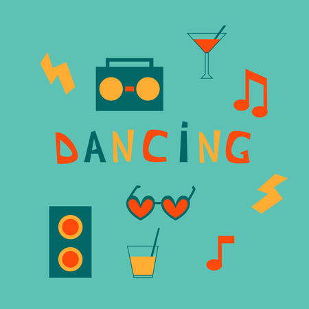 Set with popular sign of dancing: record player, glasses, cocltails, notes. Pop art style.のイラスト素材