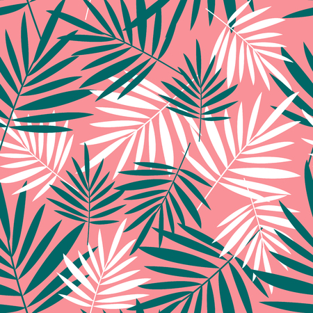 Seamless pattern with palm leaves on a pink background. Tropical background.のイラスト素材