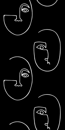 Seamless pattern with trendy minimalistic faces. Abstract linear silhouette of human faces. Modern avant- garde poster. White silhouette on black backgroundのイラスト素材