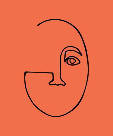 Abstract linear silhouette of human face. Modern avant- garde poster. Black silhouette on coral  background. Trendy minimalistic faces.のイラスト素材