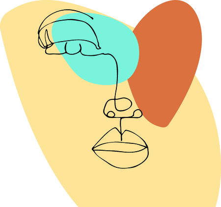 Outline sketch of woman portrait: lips; nose; eye; eyelashes. Minimalistism style. Modern fashion poster.One continuous line.のイラスト素材