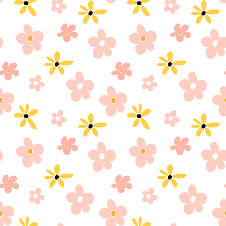 Summer seamless pattern with pink and orange flowers. Floral cartoon printing.のイラスト素材