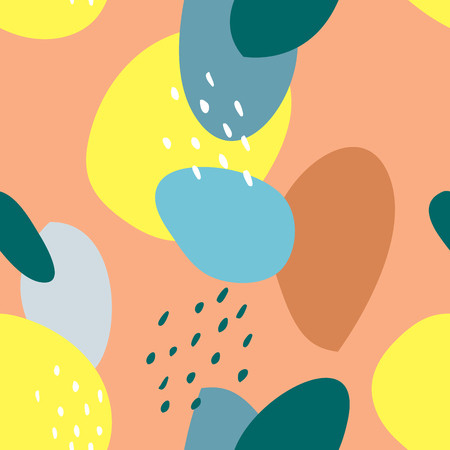 Seamless abstract pattern with spots and dots. Blue, beige, red,
turquoise colors. Avan-garde cute cartoon background. Abstractionism style.のイラスト素材