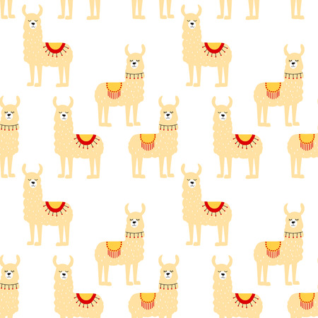 Seamless pattern with decorated lamas in poncho. Trendy cartoon print. Beige animal on white background.のイラスト素材