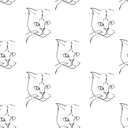 Seamless pattern. One continuous line drawing of cat. Minimalistic portrait of cat. Graphic hand drawn art.のイラスト素材