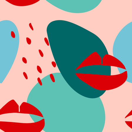Seamless pattern with graphic lips and abstract shapes. Modern trendy minimalism style.のイラスト素材