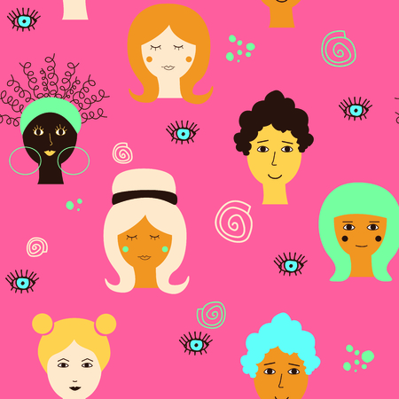 Seamless pattern with different ethnicity female faces on a pink background. Vector drawing for International womens day. Flat design, graphic style.のイラスト素材