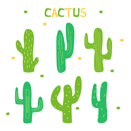 Set of cartoon cactus decorated graphic elements. Green cactus on a white background.のイラスト素材
