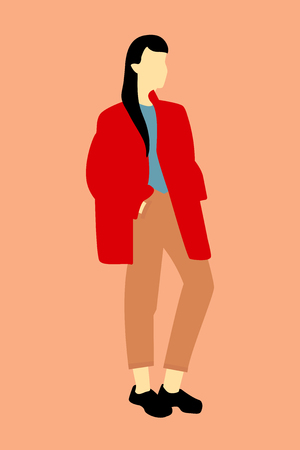 Vector young woman standing. Minimalistic silhouette of woman with black hair, dressed in a coat, trousers and shoes.のイラスト素材