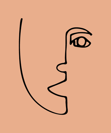 Abstract linear silhouette of human face. Modern avant- garde poster. Trendy minimalistic face.のイラスト素材