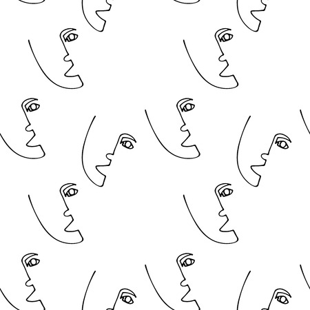 Seamless pattern with abstract outline silhouette of human face. Modern avant- garde poster.Black  silhouette on white  background. Trendy minimalistic faces.のイラスト素材
