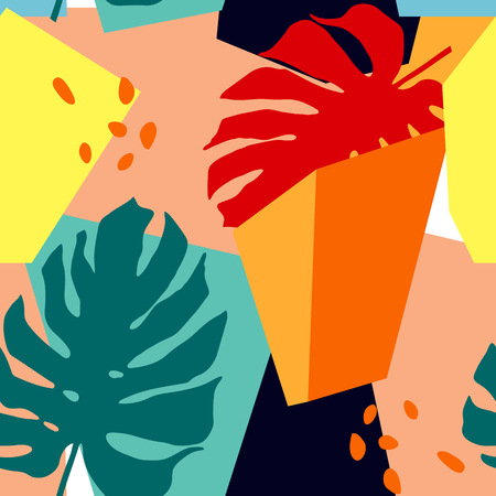 Seamless pattern with abstract shapes and tropical leaves. Trendy art in collage style.のイラスト素材