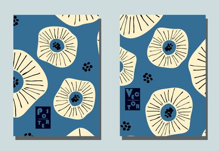 Cover with graphic abstract flowers. Two modern vector flyers in avant-garde  style. Geometric wallpaper for business brochure, cover design.のイラスト素材