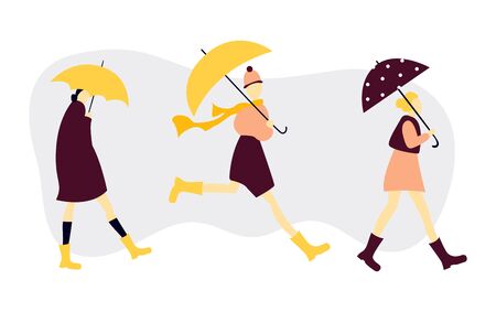 Autumn poster with warm dressed woman with an umbrella. Rainy weather.のイラスト素材