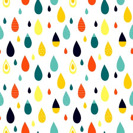 Seamless abstract pattern with drop shapes. Blue, orange, red, yellow colors. Avan-garde cute cartoon background. Abstractionism style. のイラスト素材