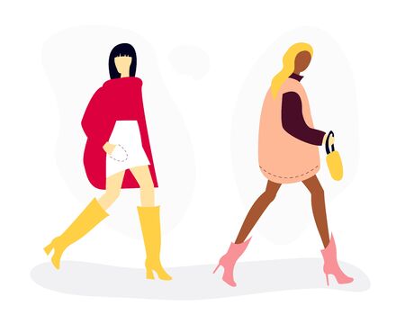 Vector illustration of women in autumn fashion clothes. 

Minimalistic silhouette of women dressed in trendy coats.のイラスト素材