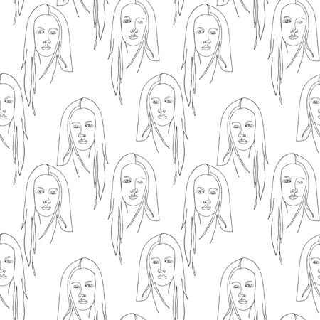 Seamless pattern with outline silhouette of woman portrait with long hair. Modern avant- garde poster. One continuous line drawing. Trendy minimalistic faces. のイラスト素材