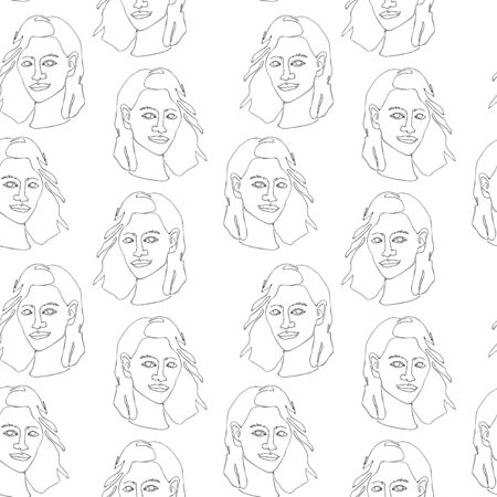 Seamless pattern with outline silhouette of woman portrait with long hair.のイラスト素材