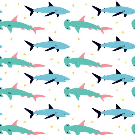 Seamless pattern with shark and hammer fish. Cute cartoon character. のイラスト素材