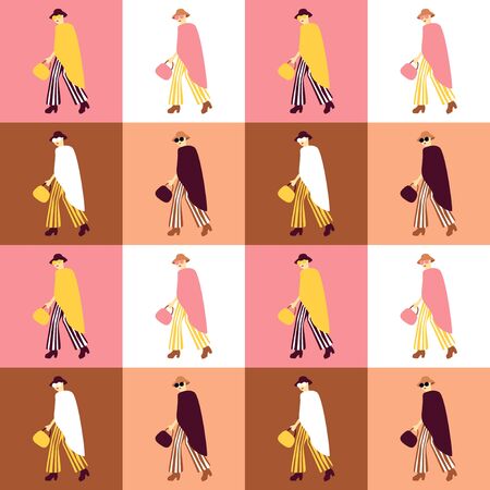 Trendy seamless pattern with fashion woman  dressed in coat, hat, sunglasses, striped trousers. Bright print in pop style designのイラスト素材