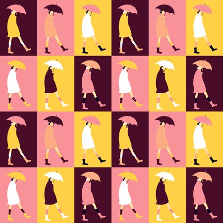 Autumn seamless pattern  with woman with umbrella. Cozy  print in pop style designのイラスト素材