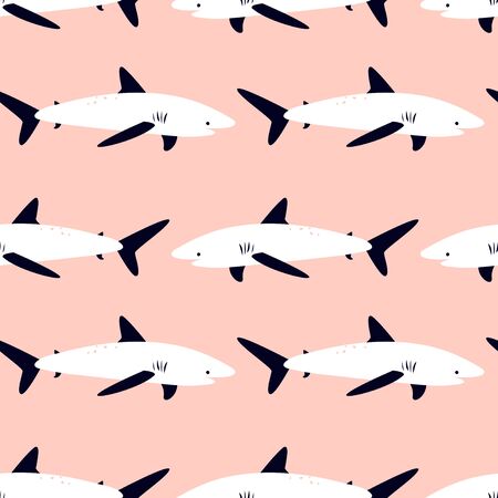 Seamless pattern with cute cartoon sea animals - shark. Art can be used for childish books, placard, postcard. Pink printのイラスト素材