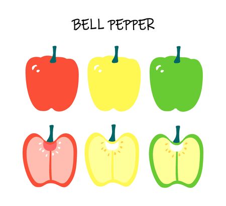 Vector illustration of capsicum - red, yellow and green bell pepper. Modern flat design. Summer print with season food. のイラスト素材