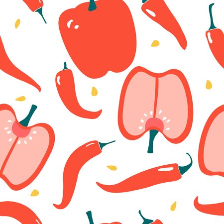 Seamless pattern with red peppers: chilli and capsicum - bell pepper. Modern flat design. Summer print with season food.のイラスト素材