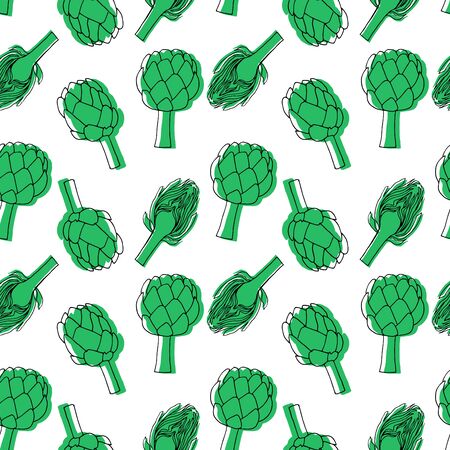 Seamless pattern with lartichoke. Black linear drawing with green silhouette. Art can be used for design menu, packing, printing.のイラスト素材