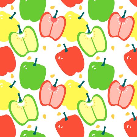 Seamless pattern with capsicum - red, yellow and green bell pepper. Modern flat design. Summer print with season food.のイラスト素材