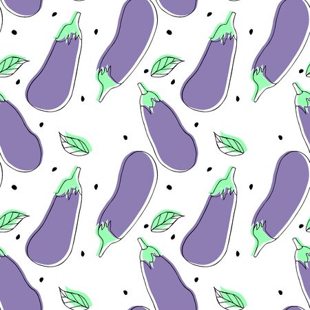 Seamless pattern  with hand drawn doodle of eggplants and leaves and seeds. Linear black drawing and color silhouette. Summer print with vegetables.のイラスト素材